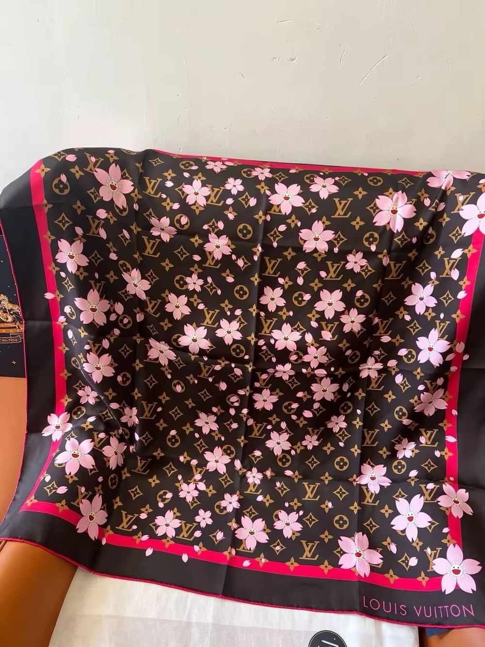 Black and Pink Floral Monogram Silk Square Scarf